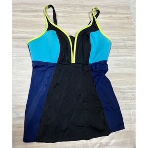 Swim by Cacique Colorblock Tankini Top Blue Black Neon Yellow Women Size 18